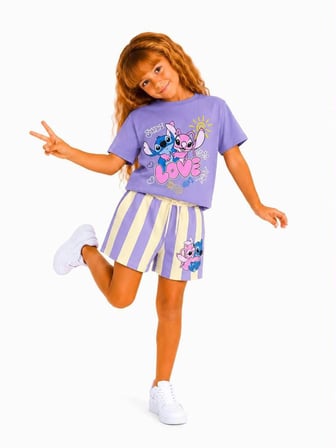 Cg Kids Stitch Baskılı  Kız Çocuk Şortlu Takım - Lila Renk Yazlık Çocuk Takımı