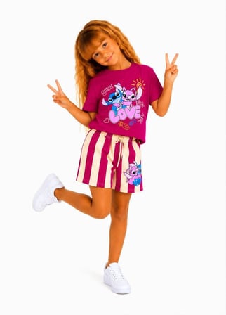 Cg Kids  Stitch ve Angel Kız Çocuk Baskılı Çizgili Şortlu Takım - Fuşya / Mürdüm