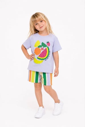 Cg Kids Meyve Baskılı Kabartma Renkli Çizgili Şortlu  Kız Çocuk Takım - Lila / Çok Renkli