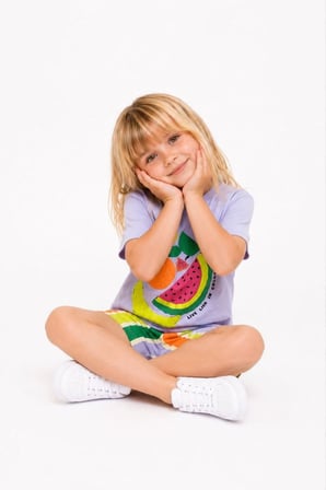 Cg Kids Meyve Baskılı Kabartma Renkli Çizgili Şortlu  Kız Çocuk Takım - Lila / Çok Renkli