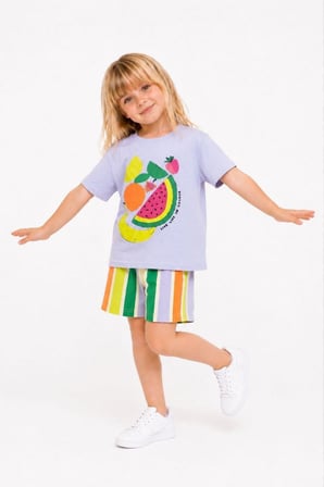 Cg Kids Meyve Baskılı Kabartma Renkli Çizgili Şortlu  Kız Çocuk Takım - Lila / Çok Renkli