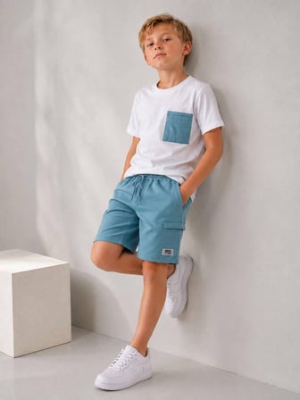 Cg Kids Kargo Cepli Mavi Şort & Beyaz T-shirt Cep Detaylı Erkek Çocuk Alt Üst Takım