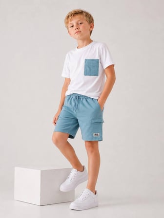 Cg Kids Kargo Cepli Mavi Şort & Beyaz T-shirt Cep Detaylı Erkek Çocuk Alt Üst Takım