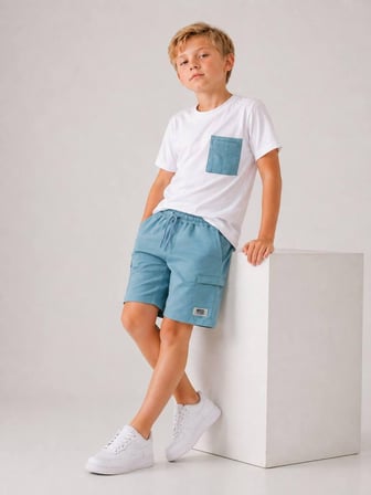 Cg Kids Kargo Cepli Mavi Şort & Beyaz T-shirt Cep Detaylı Erkek Çocuk Alt Üst Takım