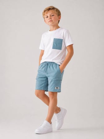 Cg Kids Kargo Cepli Mavi Şort & Beyaz T-shirt Cep Detaylı Erkek Çocuk Alt Üst Takım