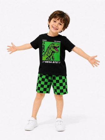Cg Kids Dinozor Baskılı T-Shirt ve Damalı Şort Alt  Erkek Çocuk Üst Takım