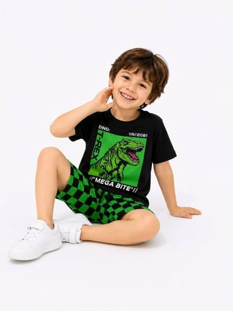 Cg Kids Dinozor Baskılı T-Shirt ve Damalı Şort Alt  Erkek Çocuk Üst Takım