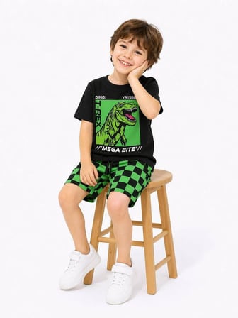 Cg Kids Dinozor Baskılı T-Shirt ve Damalı Şort Alt  Erkek Çocuk Üst Takım