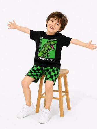 Cg Kids Dinozor Baskılı T-Shirt ve Damalı Şort Alt  Erkek Çocuk Üst Takım