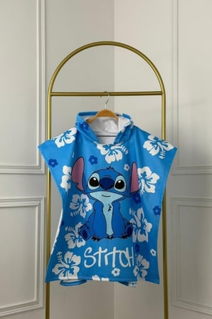 Cg Kids Stitch Karakter Baskılı Kapüşonlu Çocuk Panço Plaj ve Havuz Havlusu - Mavi
