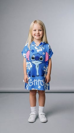 Cg Kids Stitch Karakter Baskılı Kapüşonlu Çocuk Panço Plaj ve Havuz Havlusu - Mavi