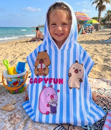Cg Kids  Capybara Karakter Baskılı Çizgili Kapüşonlu Erkek / Kız Çocuk Panço Plaj ve Havuz Havlusu - Mavi Beyaz