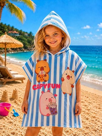 Cg Kids  Capybara Karakter Baskılı Çizgili Kapüşonlu Erkek / Kız Çocuk Panço Plaj ve Havuz Havlusu - Mavi Beyaz