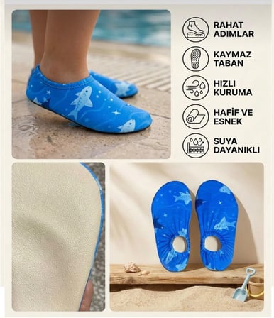 Cg Kids Köpekbalığı Desenli Deniz Ve Havuz Ayakkabısı - Çocuk Kaymaz Taban