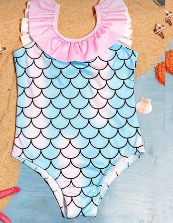 Cg Kids Deniz Kızı Desenli  Kız Çocuk Fırfırlı Mayo | Tek Parça Çocuk Mayo | Deniz ve Havuz Mayosu