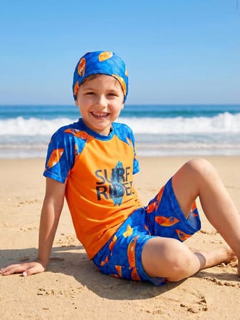 Cg Kids Erkek Çocuk Korumalı Deniz Takımı | Kısa Kollu Deniz Tişörtü, Şort ve Bone Seti
