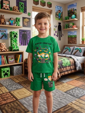 Cg Kids Expert Crafter Baskılı Erkek Çocuk Yeşil Baskılı Pamuklu Şortlu Takım