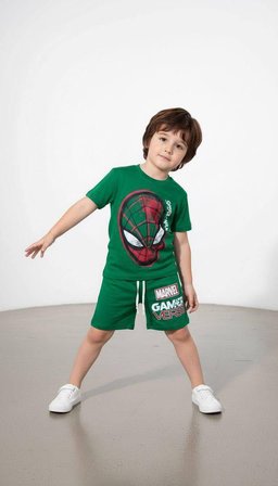 rkek Çocuk Baskılı Şortlu Takım - Marvel Gamer Verse Kombini Yeşil