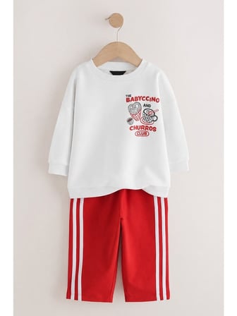 Churros Baskılı Sweatshirt & Eşofman Krem Kırmızı Alt Üst Takım 3 İplik Süper Kalite