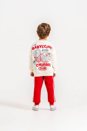 Churros Baskılı Sweatshirt & Eşofman Krem Kırmızı Alt Üst Takım 3 İplik Süper Kalite