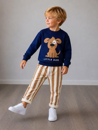 Köpek Baskılı Sweatshirt ve Çizgili Pantolonlu Erkek Çocuk Alt Üst Takım -3İp Pamuklu Eşofman Takım