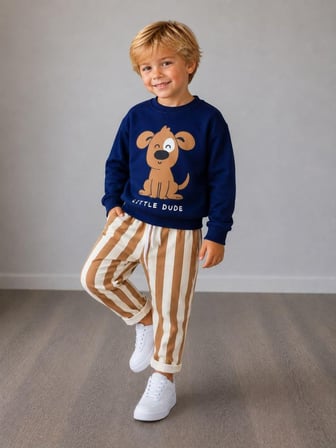 Köpek Baskılı Sweatshirt ve Çizgili Pantolonlu Erkek Çocuk Alt Üst Takım -3İp Pamuklu Eşofman Takım