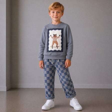 Kaykaycı Ayı Baskılı Sweatshirt Ve Dama Desenli Pantolon 2İplik Erkek Çocuk Alt Üst Takım