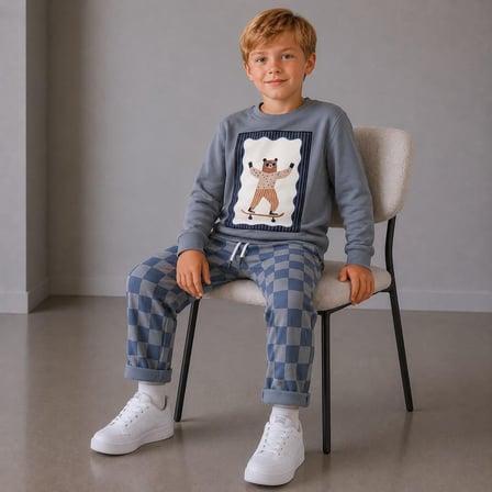 Kaykaycı Ayı Baskılı Sweatshirt Ve Dama Desenli Pantolon 2İplik Erkek Çocuk Alt Üst Takım