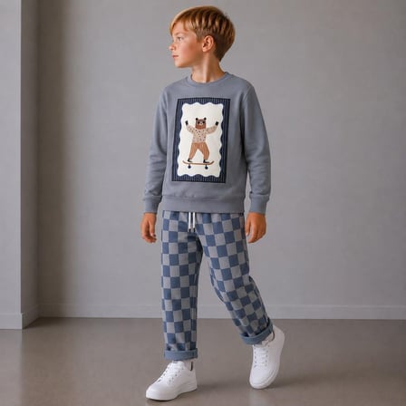 Kaykaycı Ayı Baskılı Sweatshirt Ve Dama Desenli Pantolon 2İplik Erkek Çocuk Alt Üst Takım