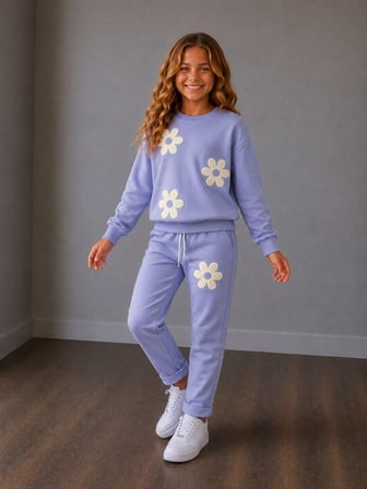 Papatya Desenli Kız Çocuk Sweatshirt ve Eşofman Altı 2'li Takım 2iplik Süper Kalite