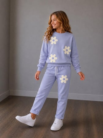 Papatya Desenli Kız Çocuk Sweatshirt ve Eşofman Altı 2'li Takım 2iplik Süper Kalite