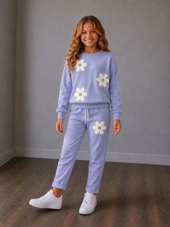 Papatya Desenli Kız Çocuk Sweatshirt ve Eşofman Altı 2'li Takım 2iplik Süper Kalite