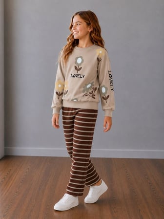 Çiçek Baskılı Sweatshirt ve Kahverengi Çizgili Eşofmanlı Kız Çocuk Bej&Kahve Uyumu Harika Alt Üst 2'li Takım 2İp