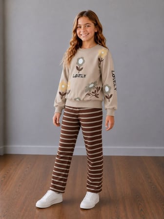 Çiçek Baskılı Sweatshirt ve Kahverengi Çizgili Eşofmanlı Kız Çocuk Bej&Kahve Uyumu Harika Alt Üst 2'li Takım 2İp