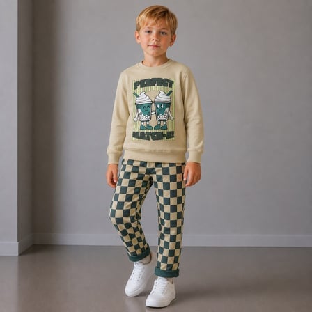 Matcha Baskılı Sweatshirt ve Yeşil Dama Desenli Pantolonlu Erkek Çocuk Bej/Zümrüt Yeşil 2İplik 2'li Alt Üst Takım