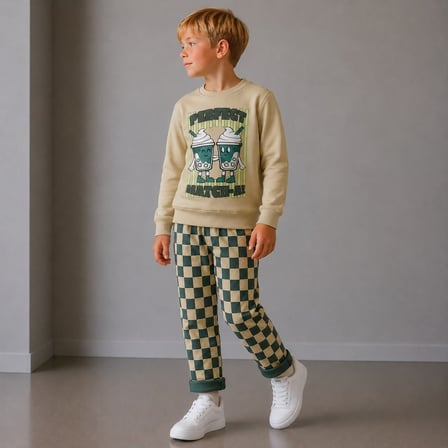 Matcha Baskılı Sweatshirt ve Yeşil Dama Desenli Pantolonlu Erkek Çocuk Bej/Zümrüt Yeşil 2İplik 2'li Alt Üst Takım