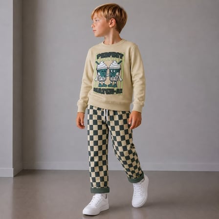 Matcha Baskılı Sweatshirt ve Yeşil Dama Desenli Pantolonlu Erkek Çocuk Bej/Zümrüt Yeşil 2İplik 2'li Alt Üst Takım