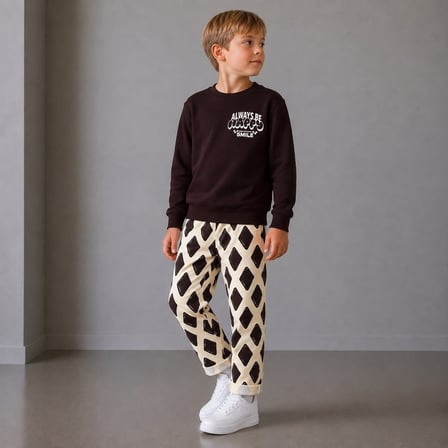 Happy Smile Baskılı Sweatshirt ve Baklava Desenli Pantolonlu Erkek Çocuk 2'li Alt Üst Takım