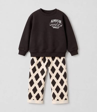 Happy Smile Baskılı Sweatshirt ve Baklava Desenli Pantolonlu Erkek Çocuk 2'li Alt Üst Takım