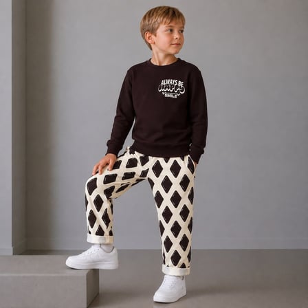 Happy Smile Baskılı Sweatshirt ve Baklava Desenli Pantolonlu Erkek Çocuk 2'li Alt Üst Takım