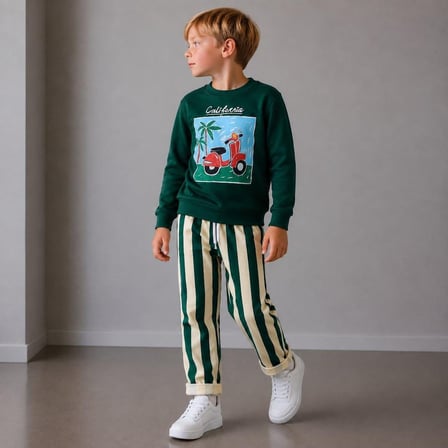California Baskılı Zümrüt Yeşil Sweatshirt ve Çizgili Pantolonlu Erkek Çocuk 2'li Alt Üst Takım