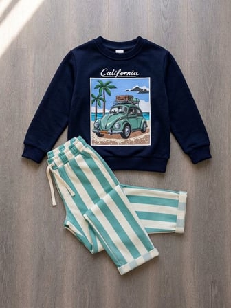 California Nostaljik Araba Baskılı Lacivert Sweatshirt&Eşofman Takımı Erkek Çocuk