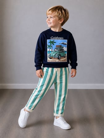 California Nostaljik Araba Baskılı Lacivert Sweatshirt&Eşofman Takımı Erkek Çocuk
