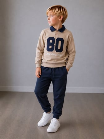 Polo Yaka Nakışlı Erkek Çocuk Taba/Lacivert Sweatshirt & Eşofman Alt Üst Takım – Kolej Stili ve Şıklık Bir Arada