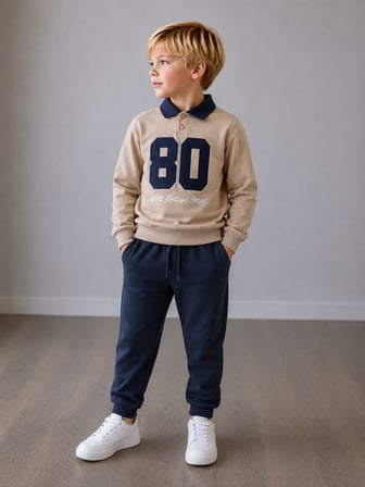 Polo Yaka Nakışlı Erkek Çocuk Taba/Lacivert Sweatshirt & Eşofman Alt Üst Takım – Kolej Stili ve Şıklık Bir Arada