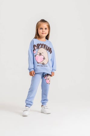 Capybara Sevimli Baskılı Kız Çocuk Simli Detaylı Sweatshirt-Eşofman Altı Üst Takım Süper Kalite
