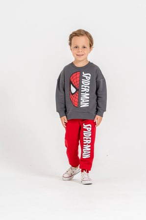 Gri Baskılı Kırmızı Eşofman Detaylı Sweatshirt & Eşofman Alt Üst Takım