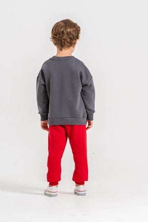 Gri Baskılı Kırmızı Eşofman Detaylı Sweatshirt & Eşofman Alt Üst Takım