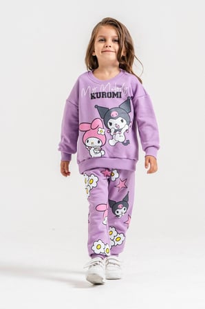 Lila Renk Eşofman Baskı Detaylı Sweatshirt & Eşofman Altı Kız Çocuk Alt Üst Takım