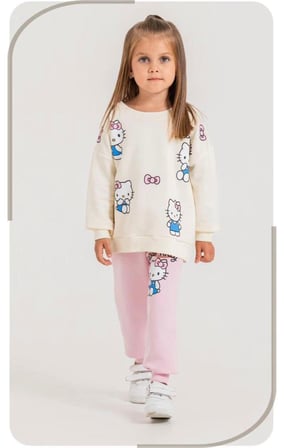 Pembe Eşofman Baskı Detaylı 3 İplik Sweatshirt & Eşofman Kız Çocuk Alt Üst Takım